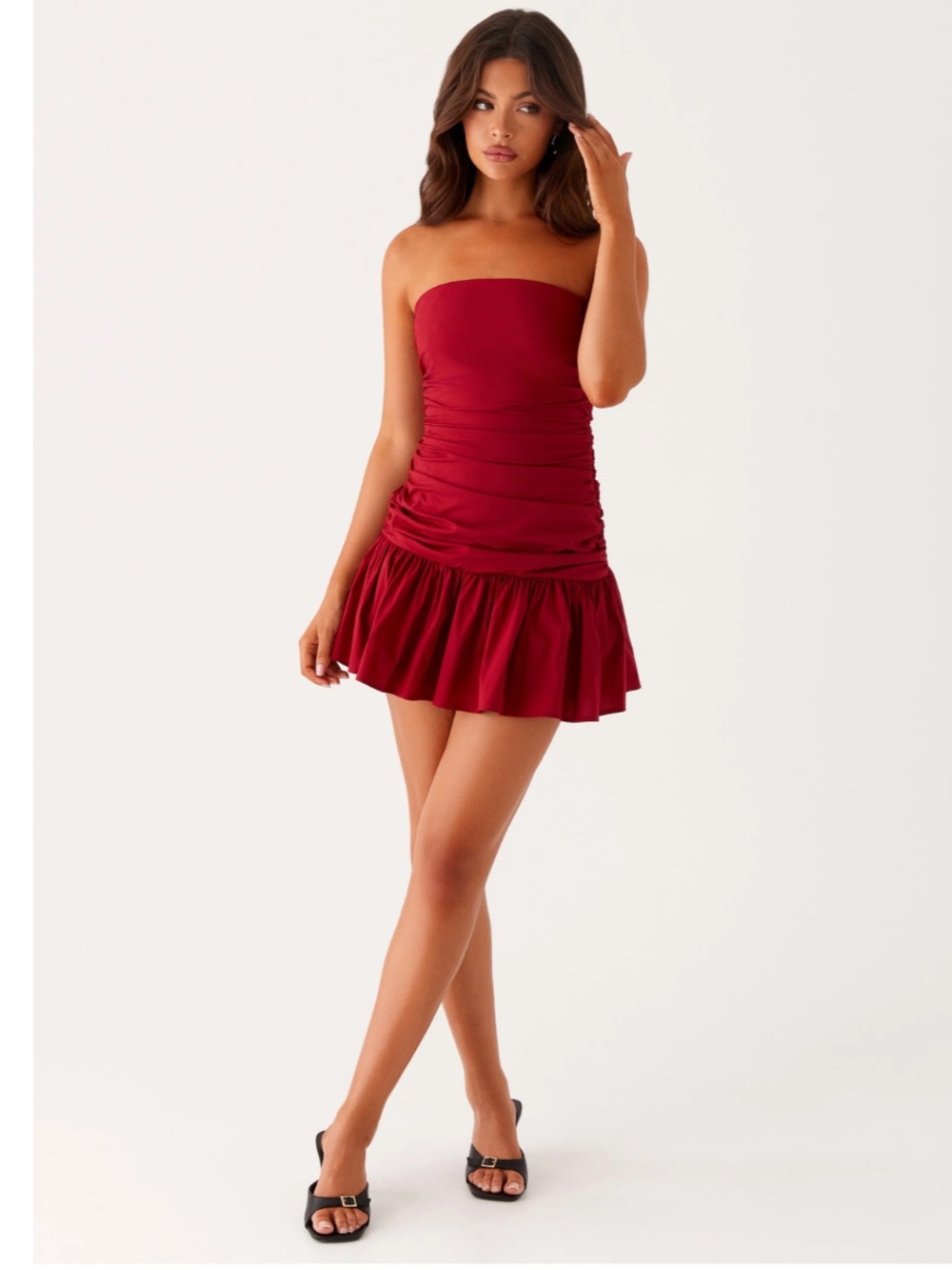 Peppermayo Carmel Mini Dress Merlot Red Strapless Ruched Drop Waist NWT US 12 - Picture 5 of 14